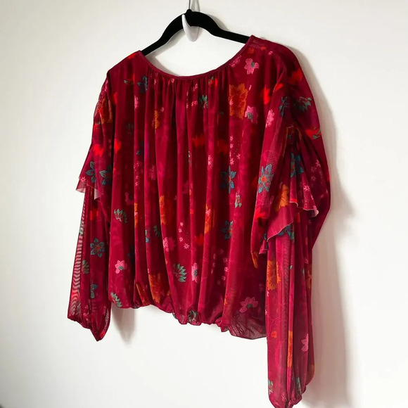 Free People Wildflower Honey Floral Flounce Top XS Red Berry Sheer Mesh - Picture 7 of 11